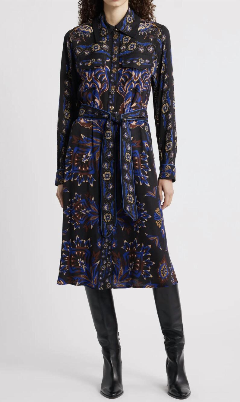 NEW FARM RIO arabesque mix scarves long sleeve tie belt shirtdress in black mult